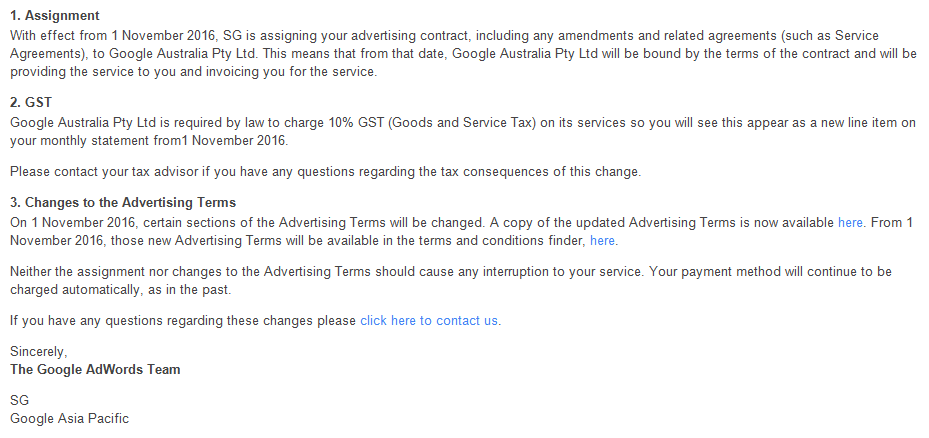 Email to a customer from Google about the change. Source: Supplied. 