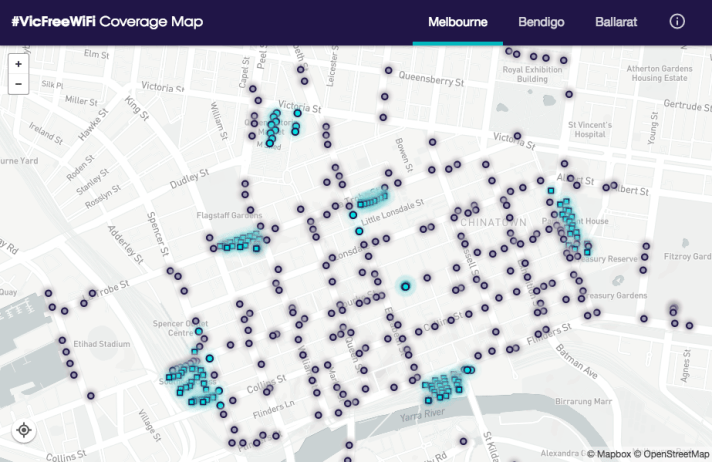 The Melbourne CBD's access points. Blue is active, while purple indicates a future access point. Source: https://www.vic.gov.au/wifi/find.html