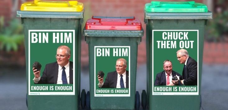 Industry body sells 80,000 bin stickers to “chuck” Morrison out — and the Liberals are livid