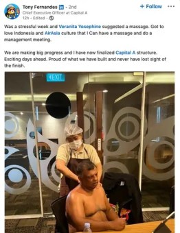 Tony Fernandes' deleted linkedin post in which he receives a massage, topless, in the office