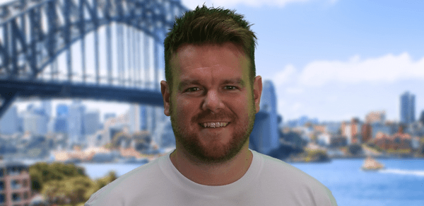 Tank Stream Labs founder Bradley Delamare photographed in front of Sydney Harbour Bridge